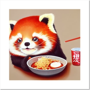 Kawaii Red Panda Eating Ramen Posters and Art